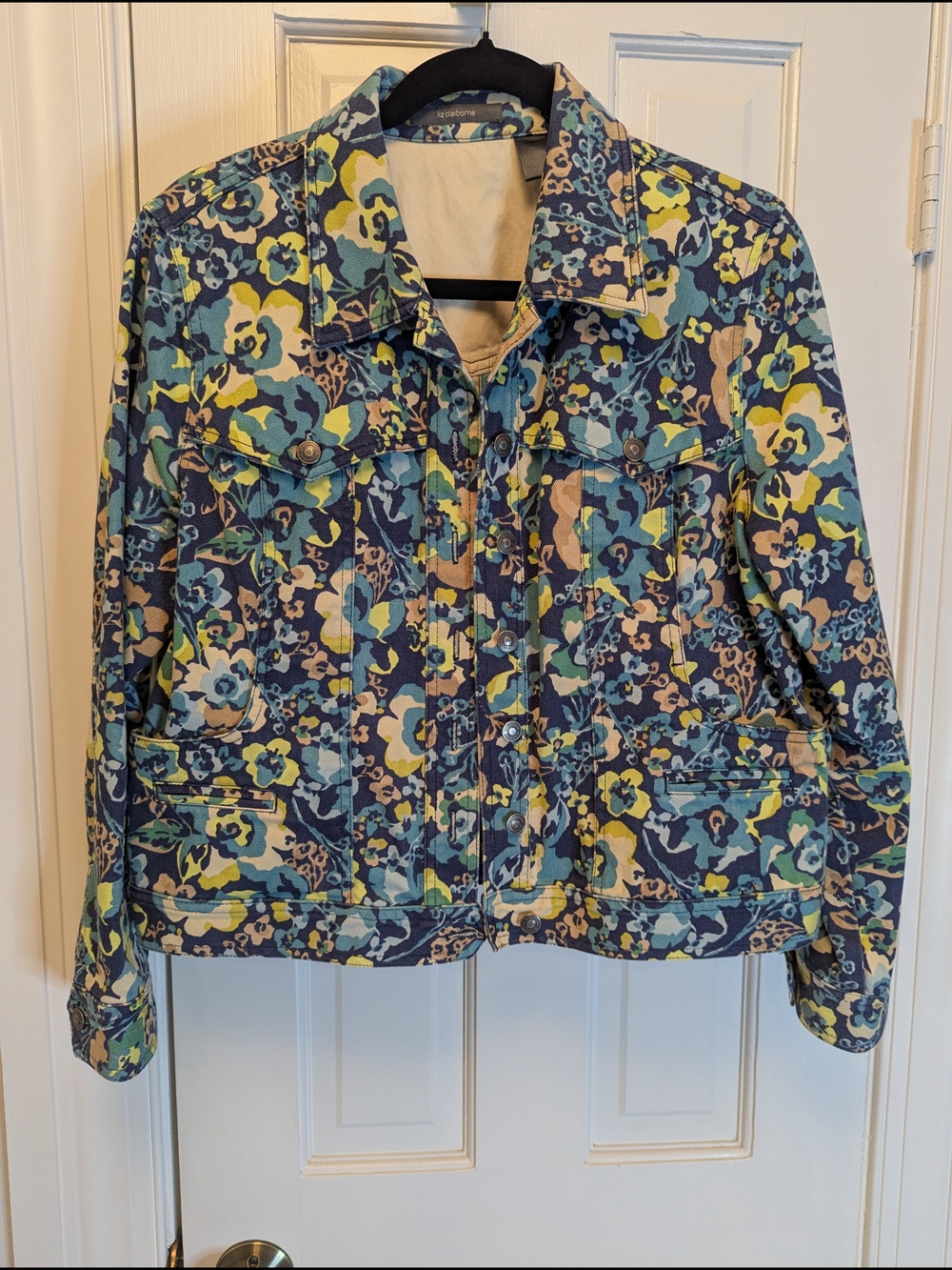 Liz Claiborne Floral Jean Jacket in Blue, Lime, Yellow, And Tan